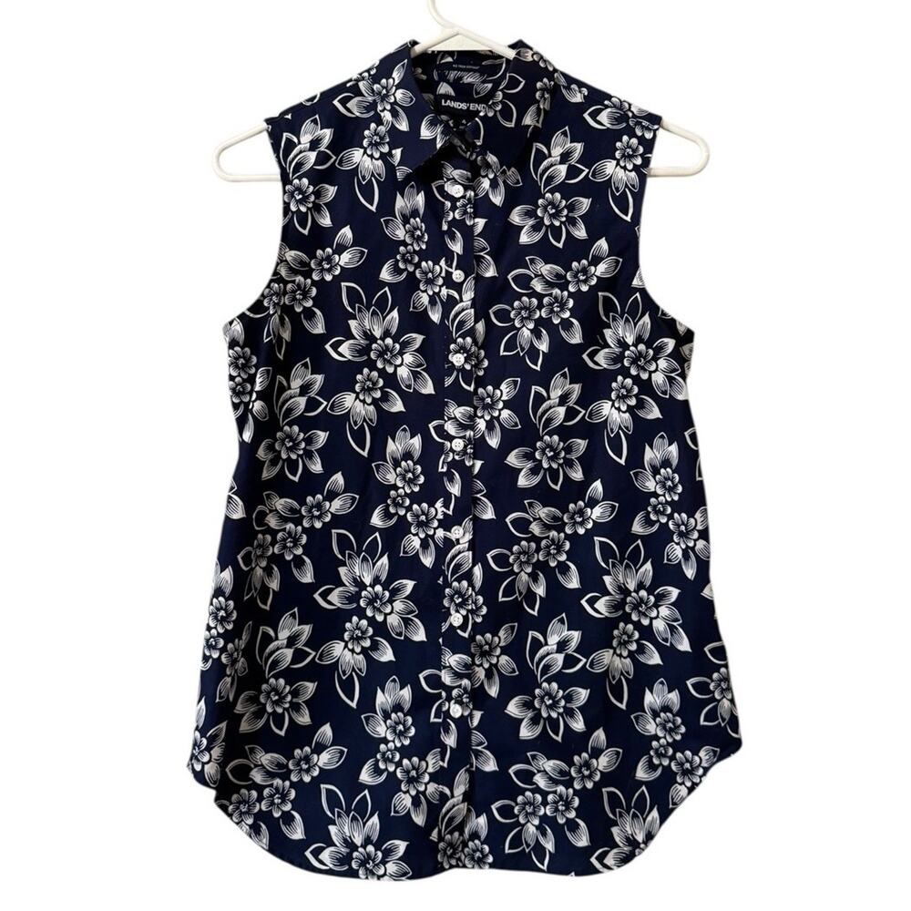 Lands End Women No-Iron‎ Sleeveless Button Up Top Shirt Floral Size 4 Cotton